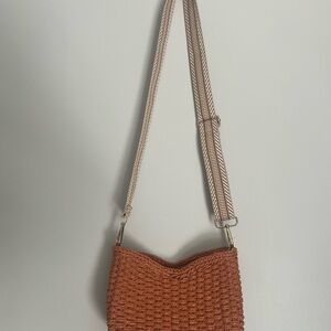 Elegant Tan Woven Shoulder Bag with two different straps
